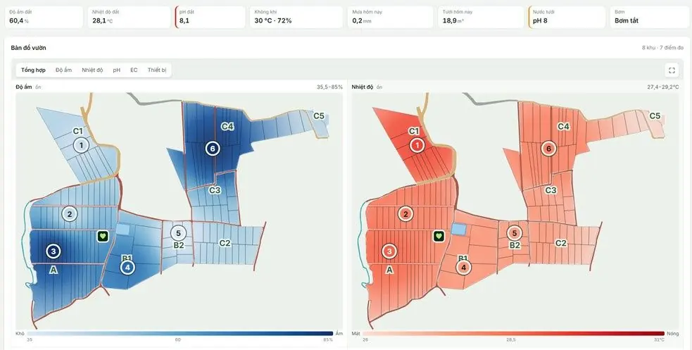 Dashboard: bản đồ độ ẩm và nhiệt độ theo khu